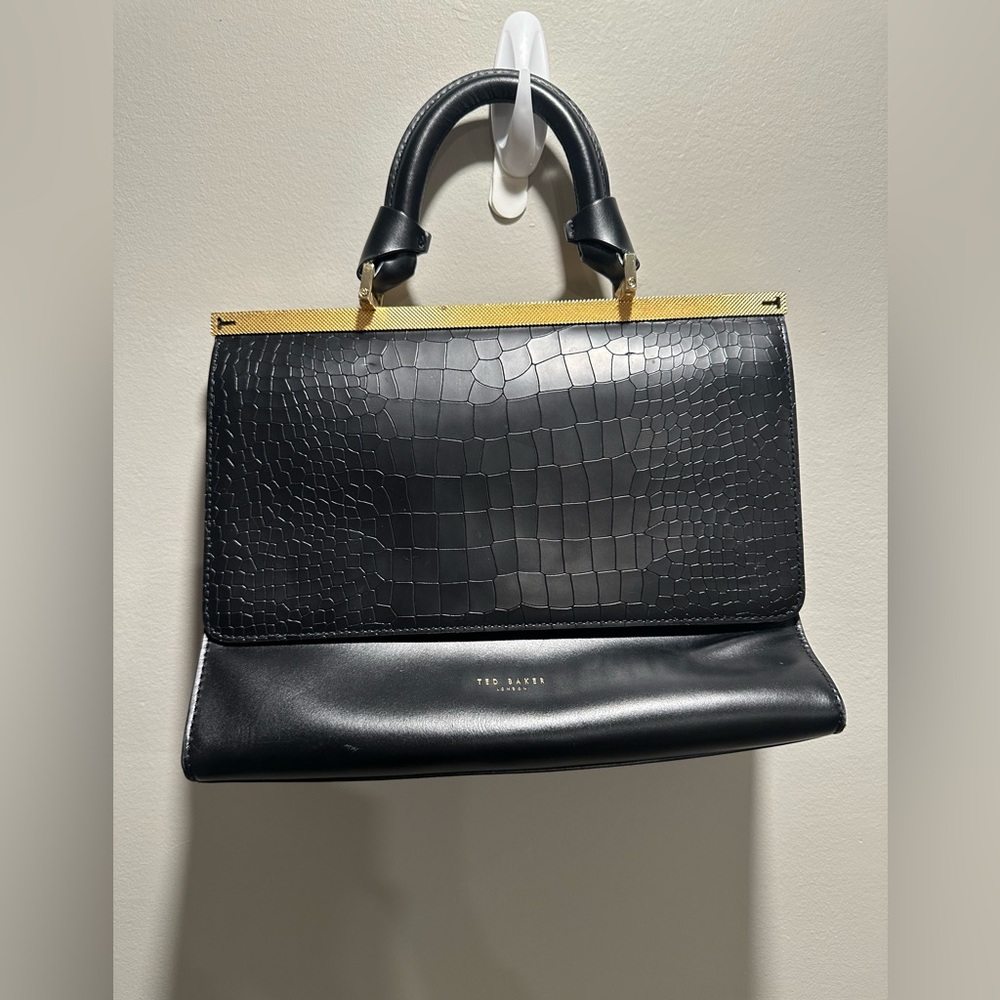 Ted Baker Black and Gold Croc-Embossed Satchel